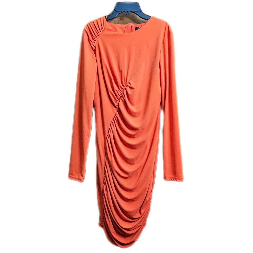ZARA Womens Ruched Long Sleeve Dress Orange New With Tags Defect Size Medium